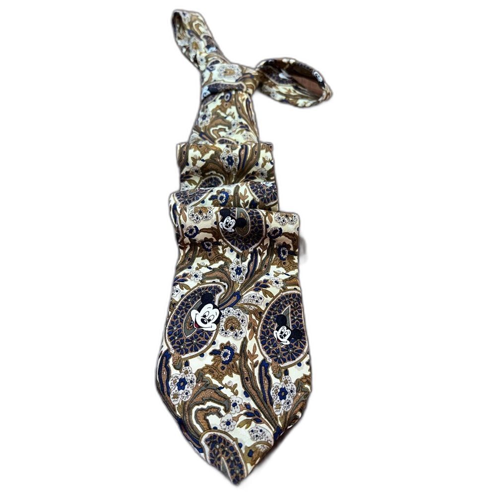 Disney Mickey Mouse Silk Tie Paisley Brown Blue Handmade Novelty Necktie 57”